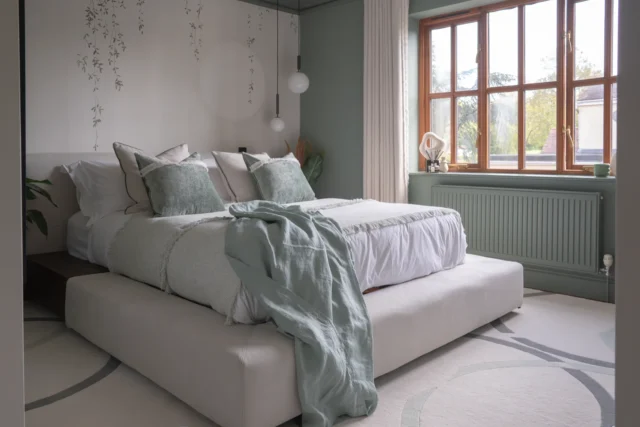 Storage bed in front of bespoke mural