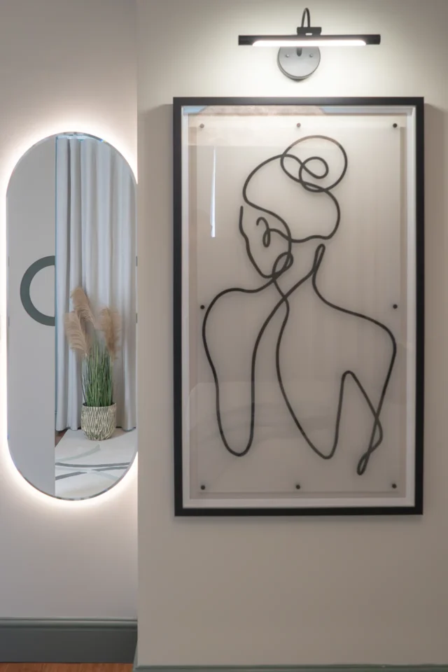 LED lit mirror showing reflection of wardrobe door next to artwork