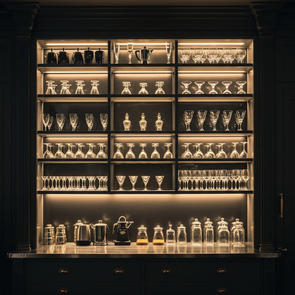 Mirrored bar showing joinery lighting
